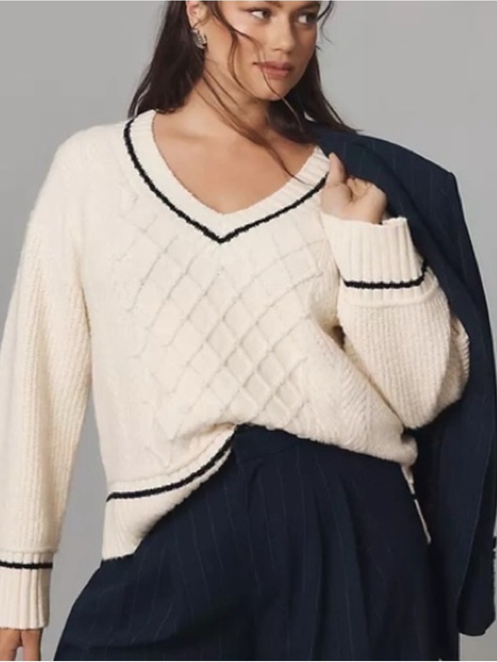 Anthropologie Cream V-Neck Sweater with Black Trim Accents